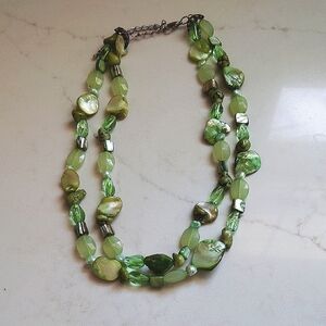 Two-strand Green Acrylic Beaded Necklace with Mother of Pearl